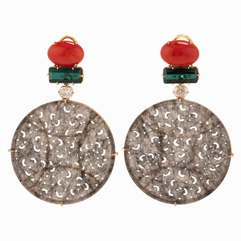 Aphrodite iv Jade, diamond and coral earrings